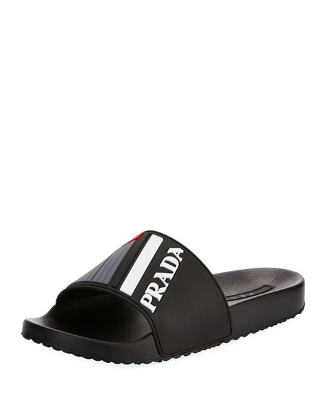 prada logo rubber slide sandals|Prada denim sandals.